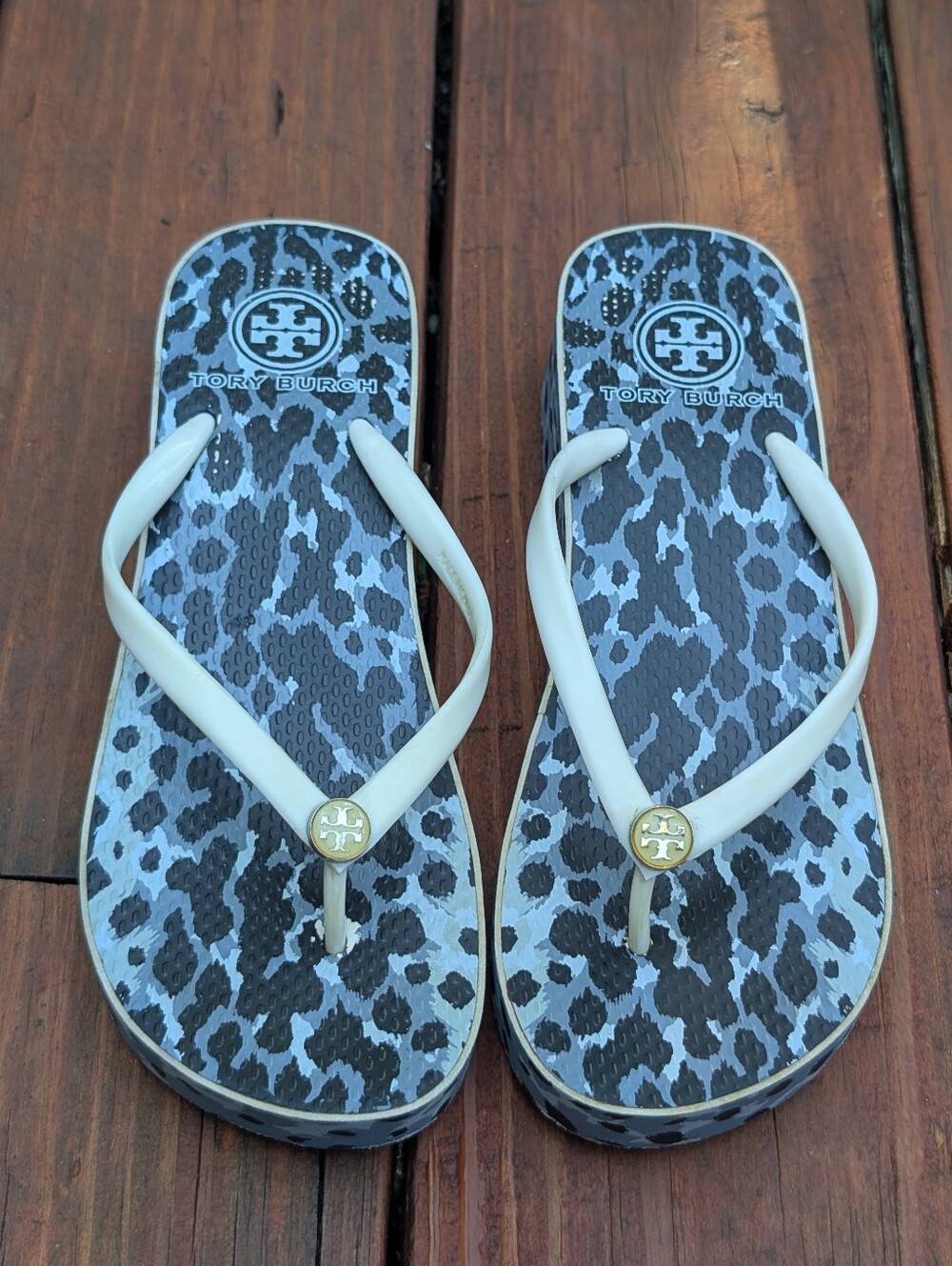 Tory Burch Women's 7 White Wedge Flip Flops Animal Print Sandals